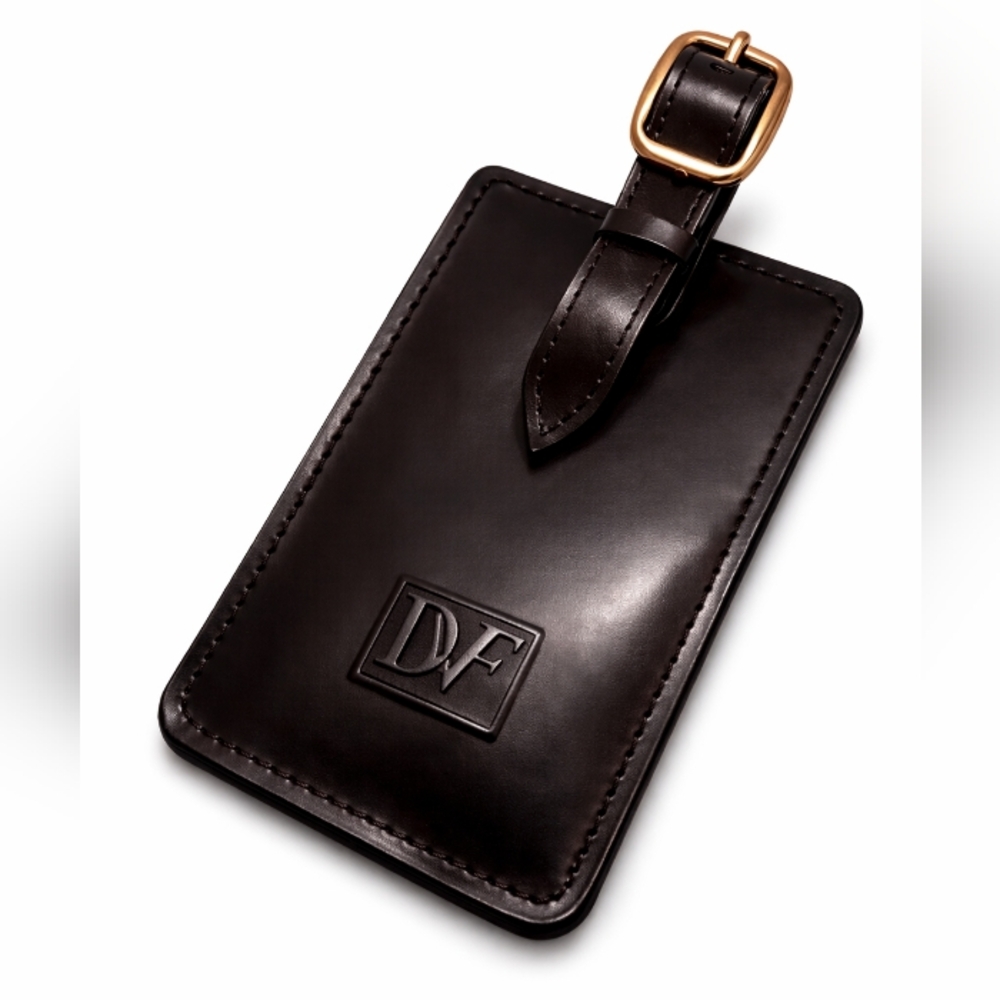 DVF Dark Brown Leather Luggage Tag Gold Buckle Travel ID Designer Minimalist
